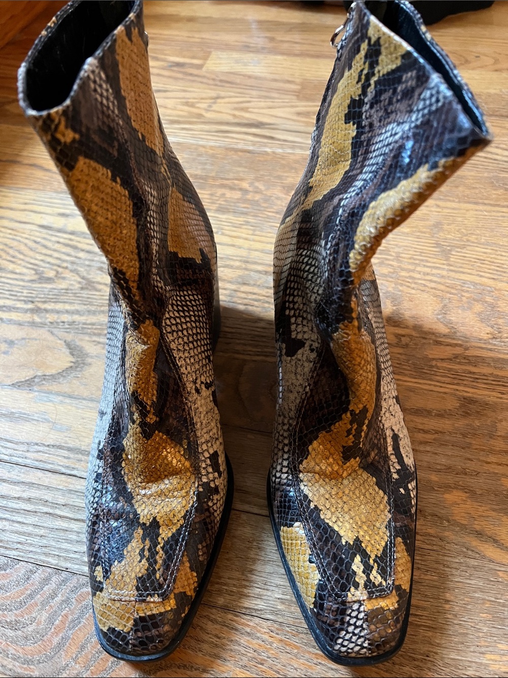 Aeyde Snake-Print Women’s Ankle Boots in brown, black, yellow size 42 or 11 US